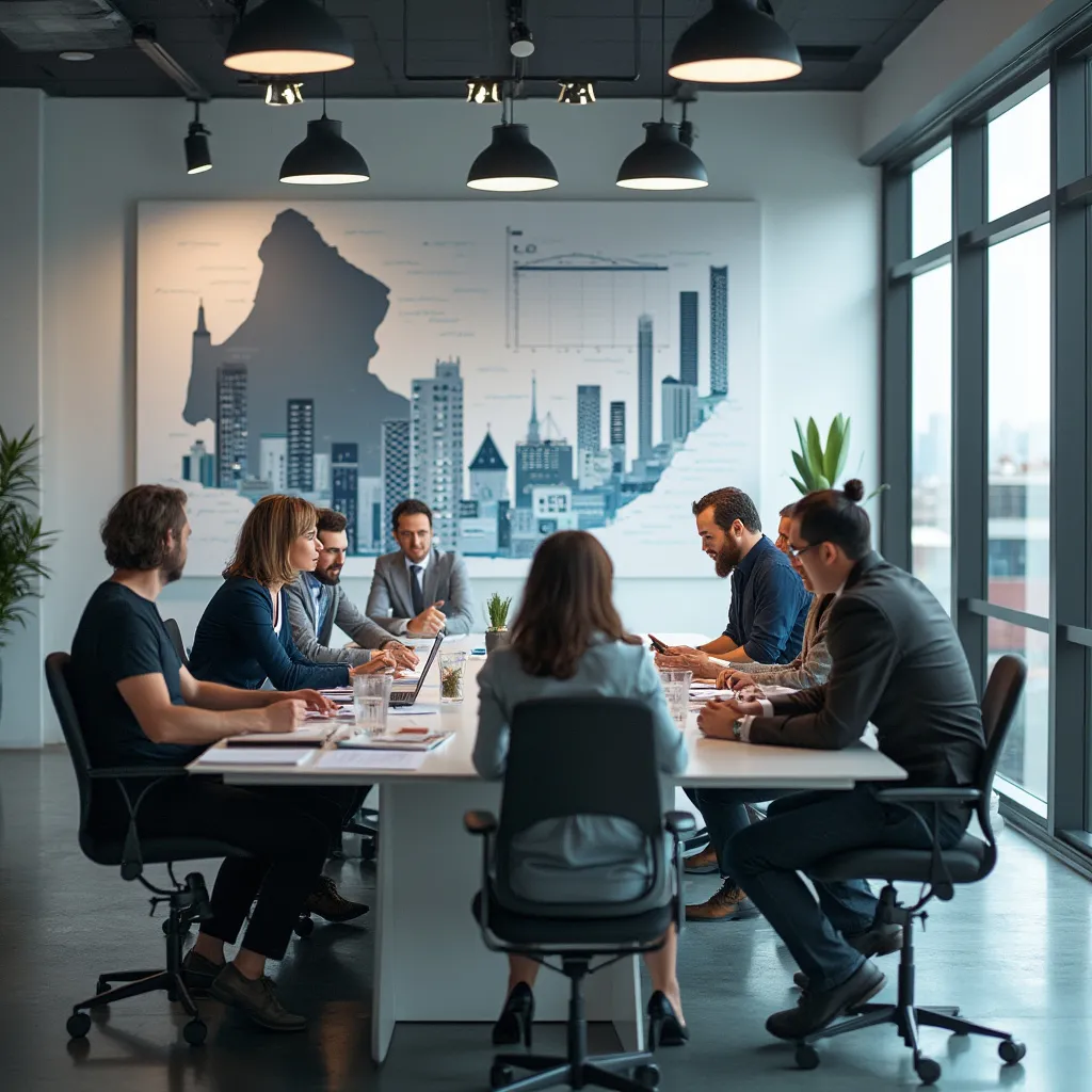Equipo de InversionesAR discutiendo estrategias de inversión en una oficina moderna con vistas a Buenos Aires