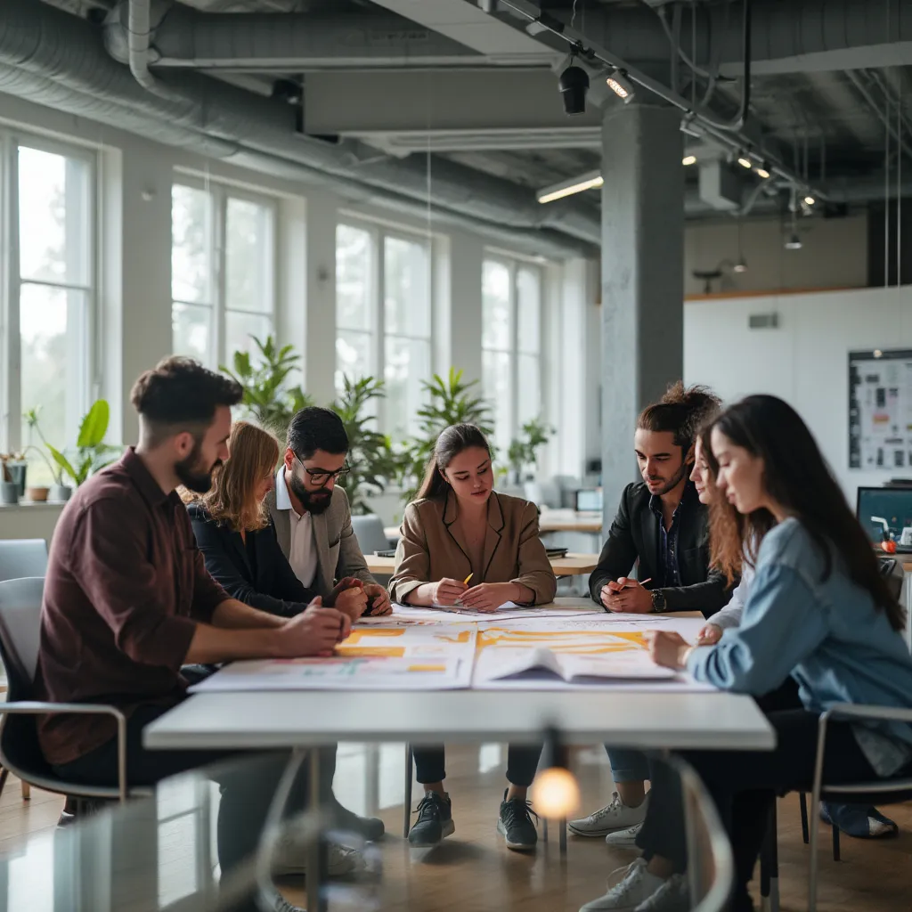 Equipo de trabajo colaborando en oficina moderna